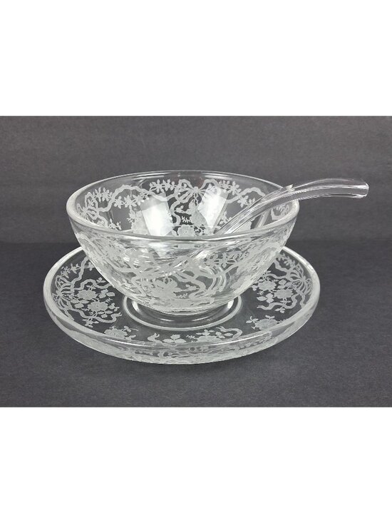 Fostoria Other - VTG 1940's Fostoria Romance Etched Crystal Mayonnaise Set Florals & Ribbons